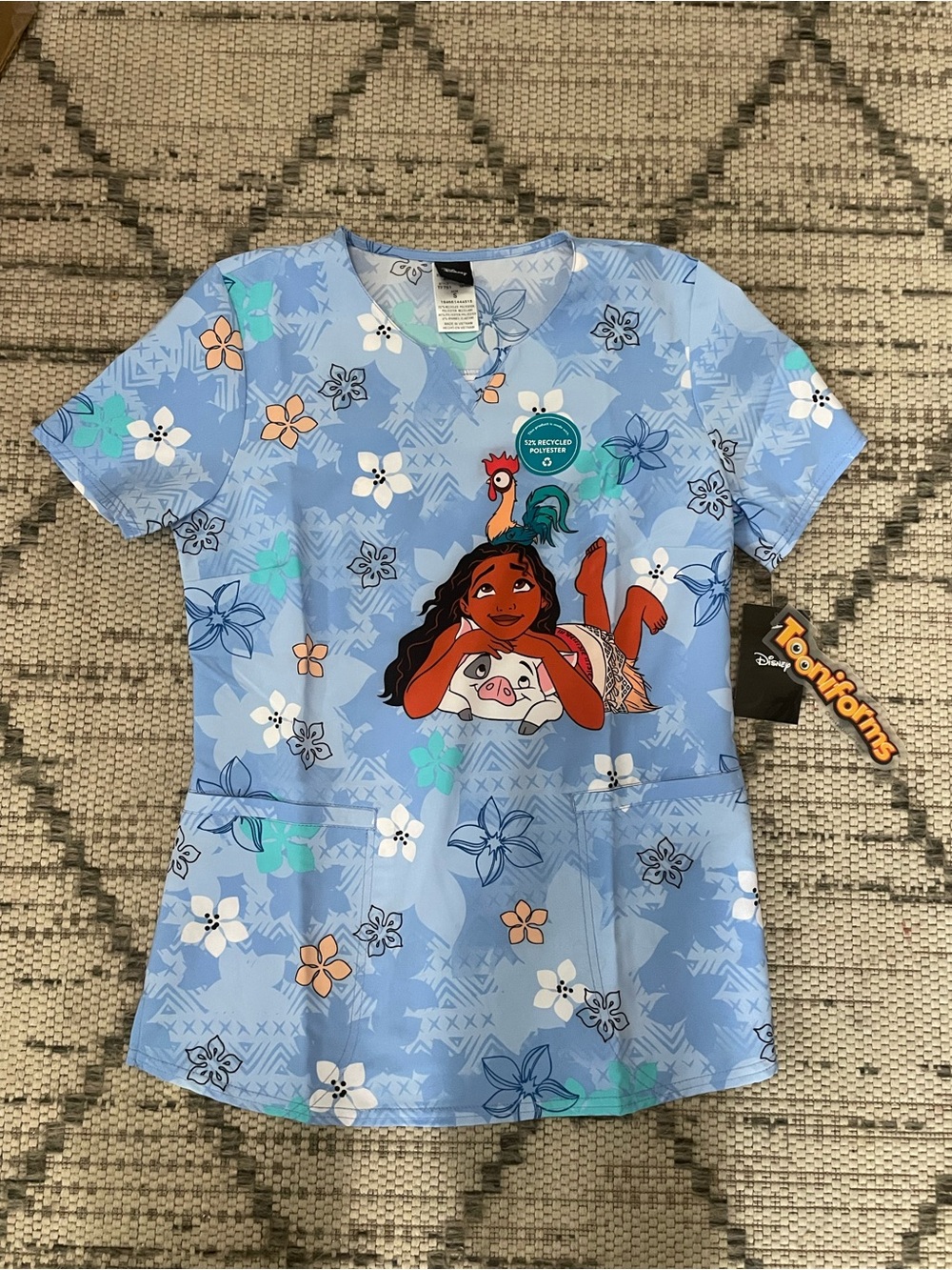 Disney Light Blue Moana Floral Short-Sleeve Top scrubs